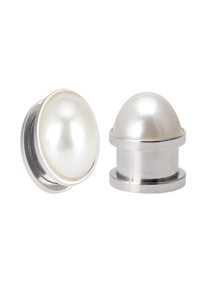 Qmcandy 2pcs Stainless Steel Pearl Ear Tunnels Double Flared Screw Plugs Piercing Gauges 0G, Silver - Image 5
